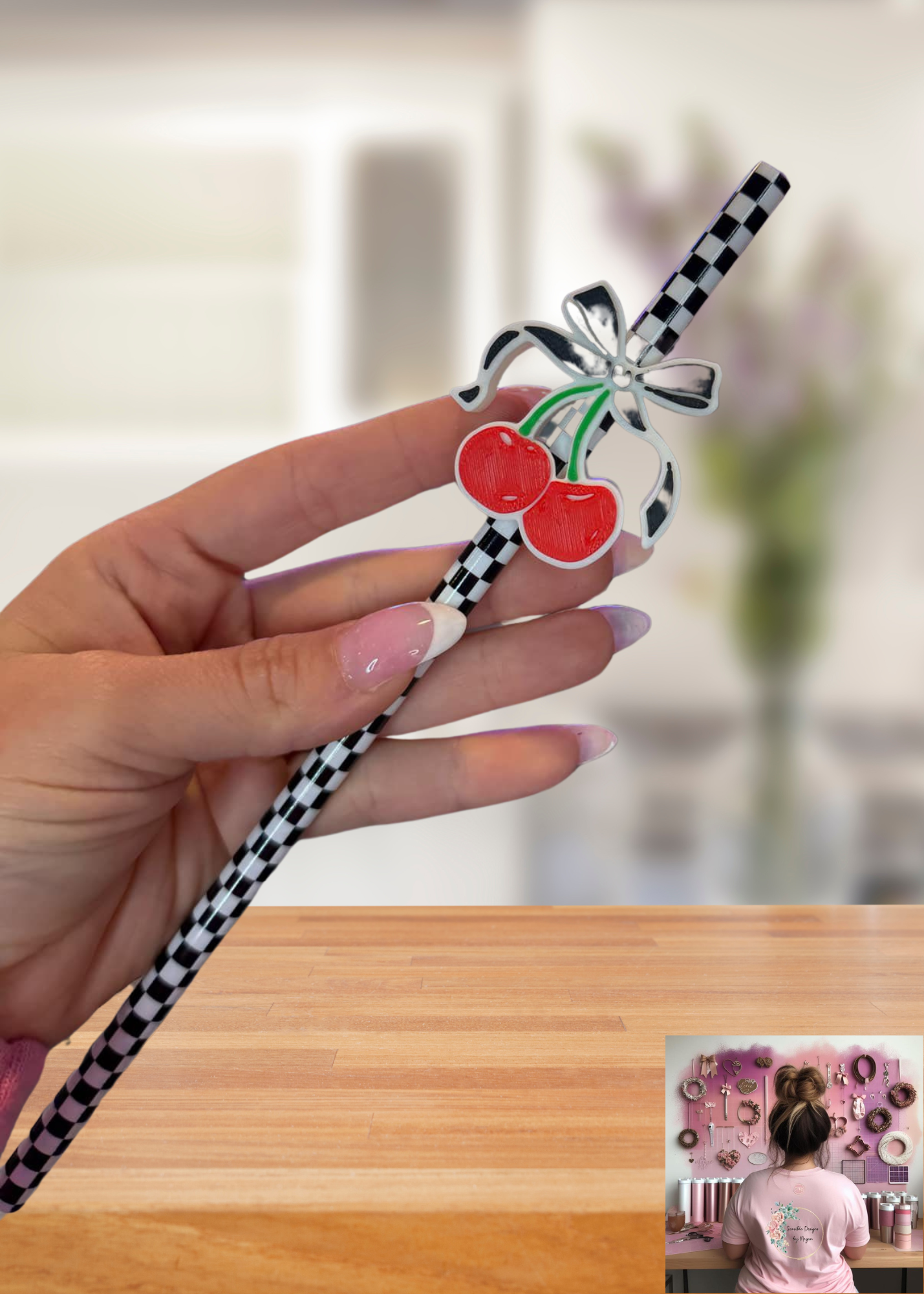 3D Printed Black Bow Cherry Straw Topper
