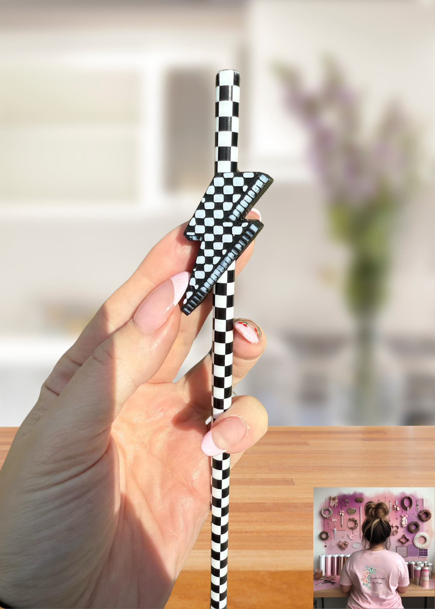 3D Printed Black and White Lightning Bolt Straw Topper