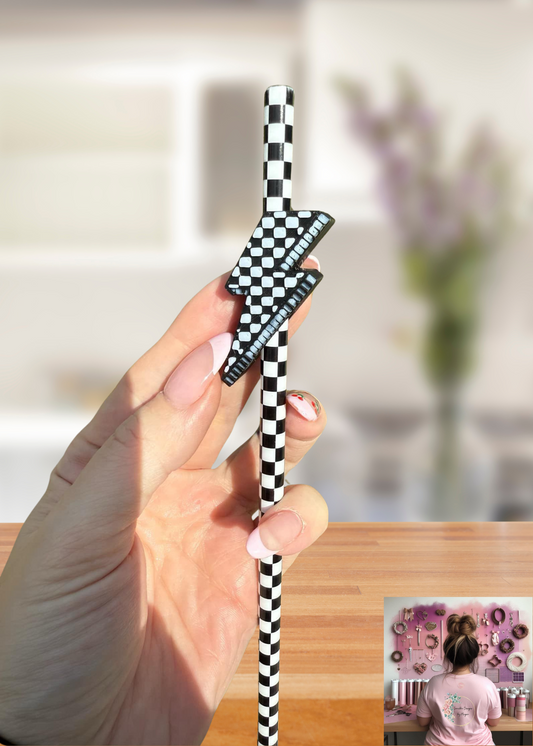 3D Printed Black and White Lightning Bolt Straw Topper