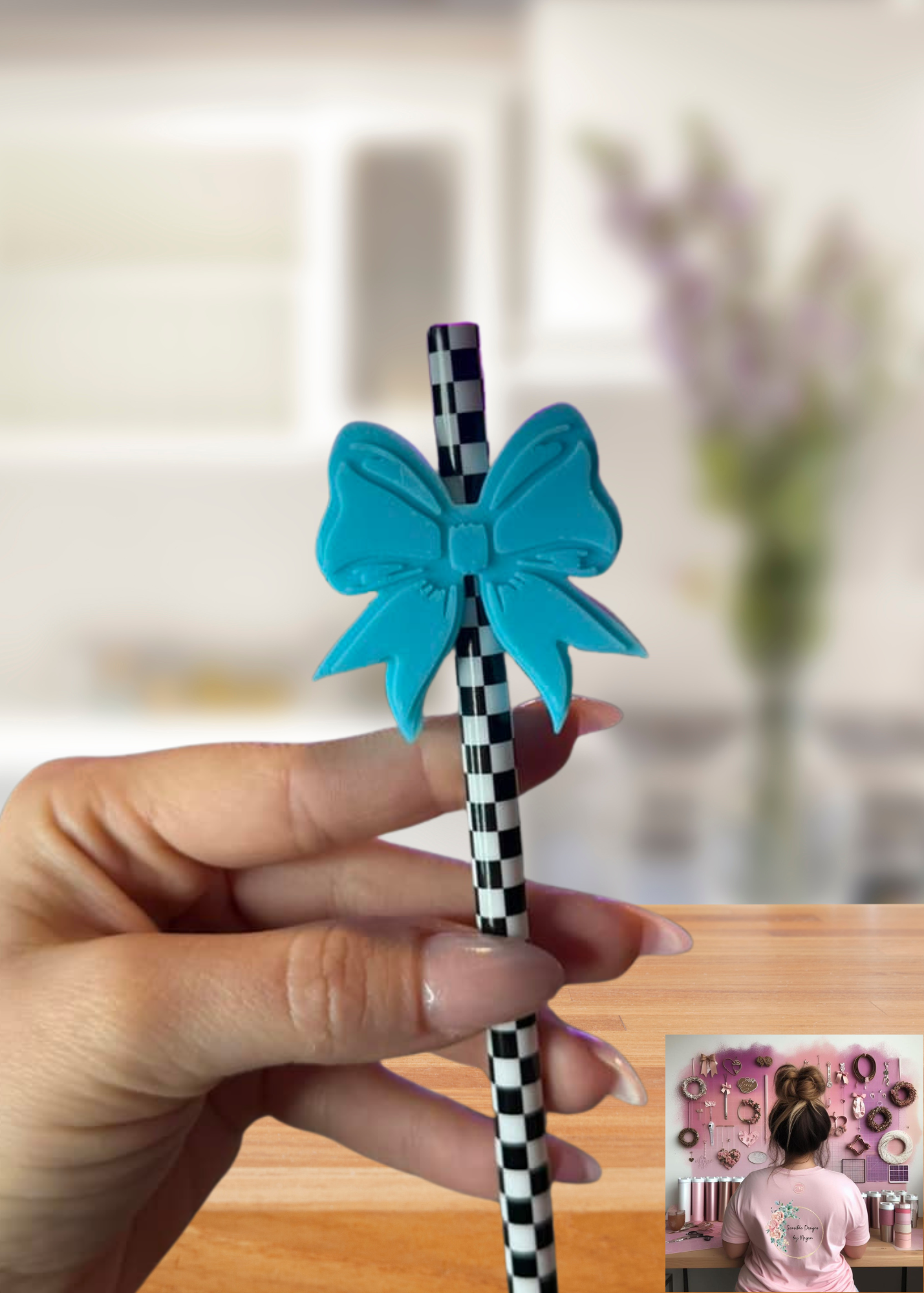 3D Printed Teal Bow Straw Topper