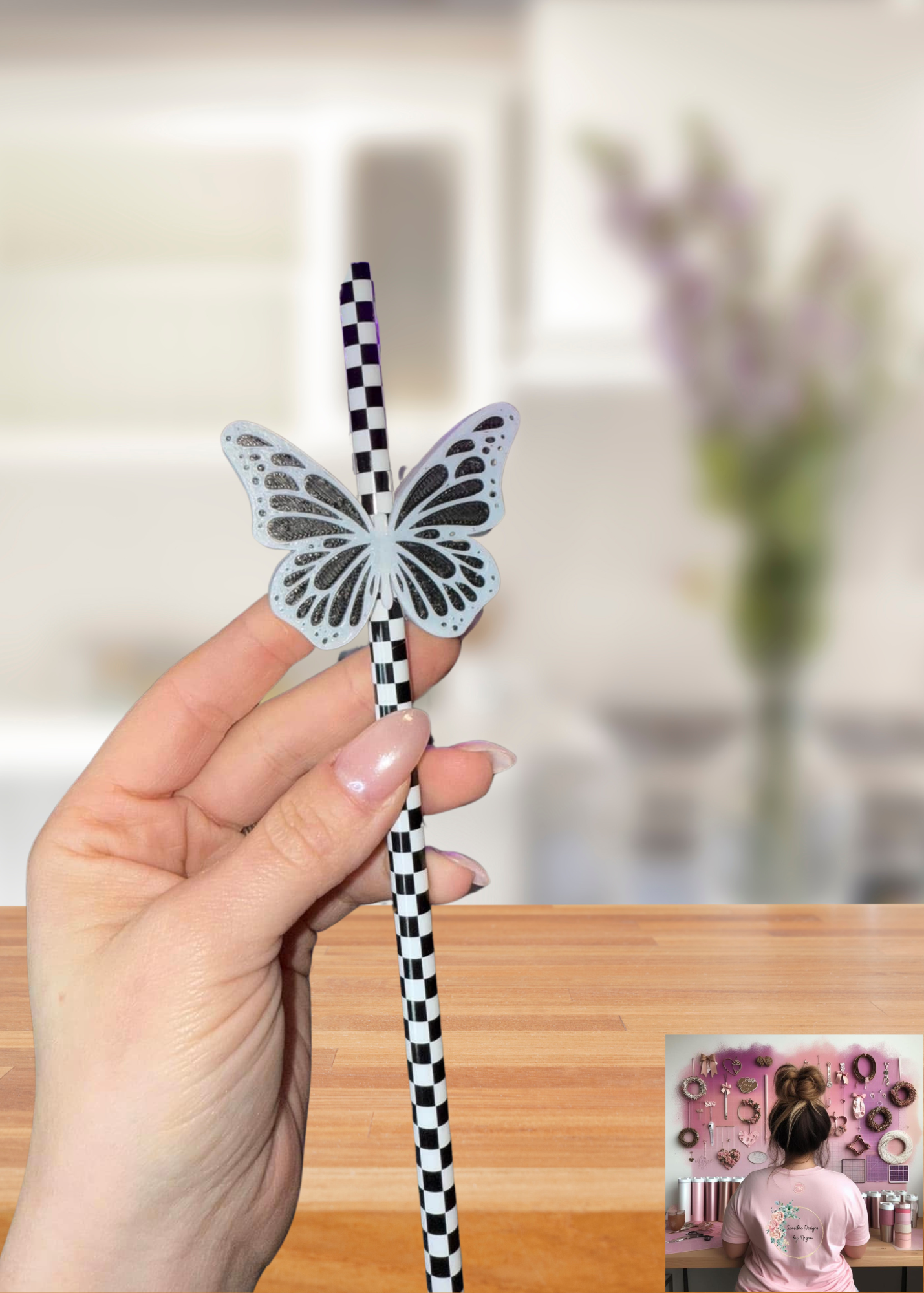 3D Printed White w/ Black Butterfly Straw Topper