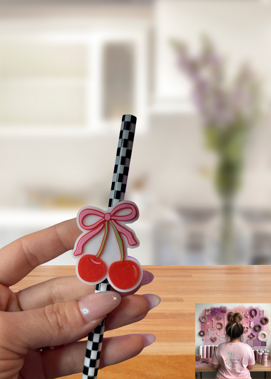 3D Printed Pink Bow Cherry Straw Topper