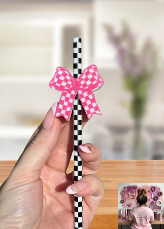 3D Printed Pink Checkered Bow Straw Topper