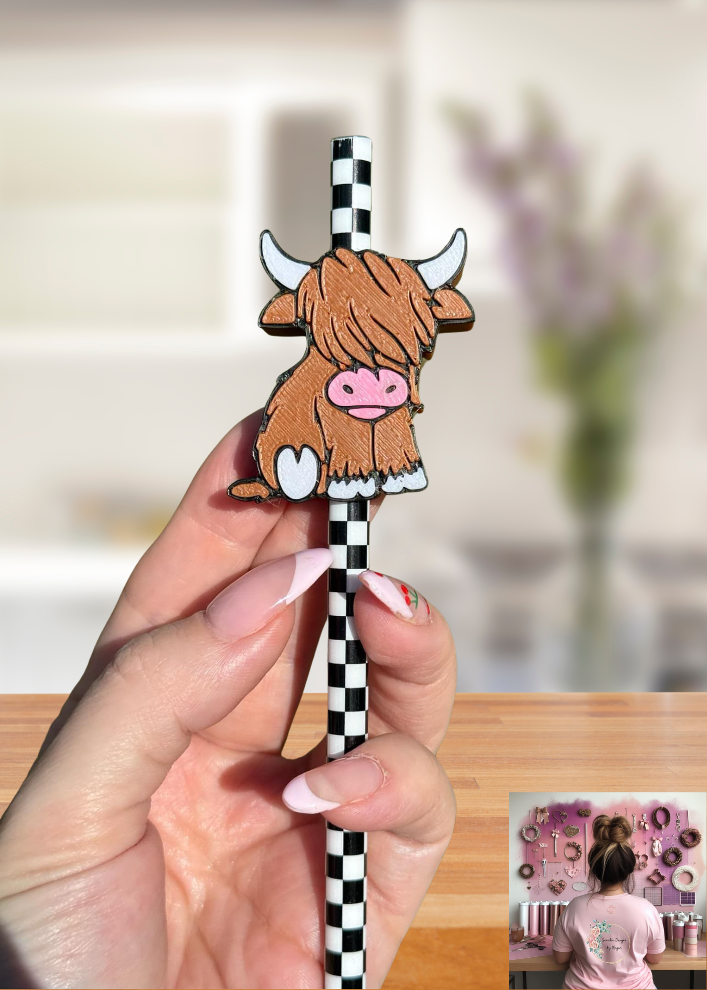 3D Printed Highland Cow Straw Topper