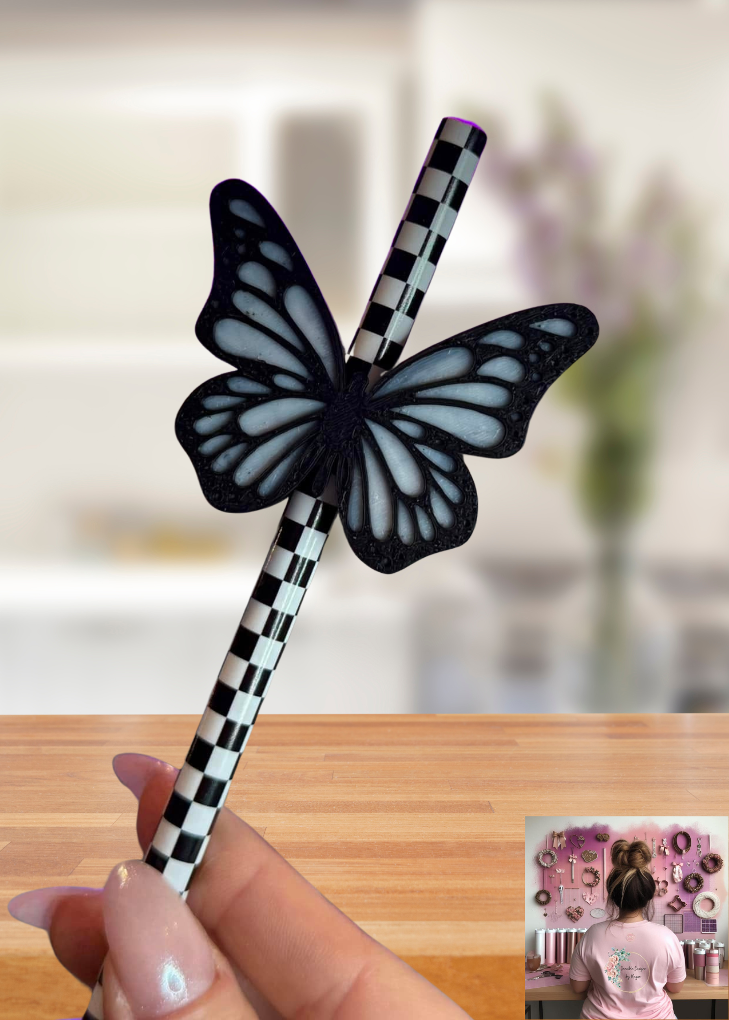 3D Printed Black w/ White Butterfly Straw Topper